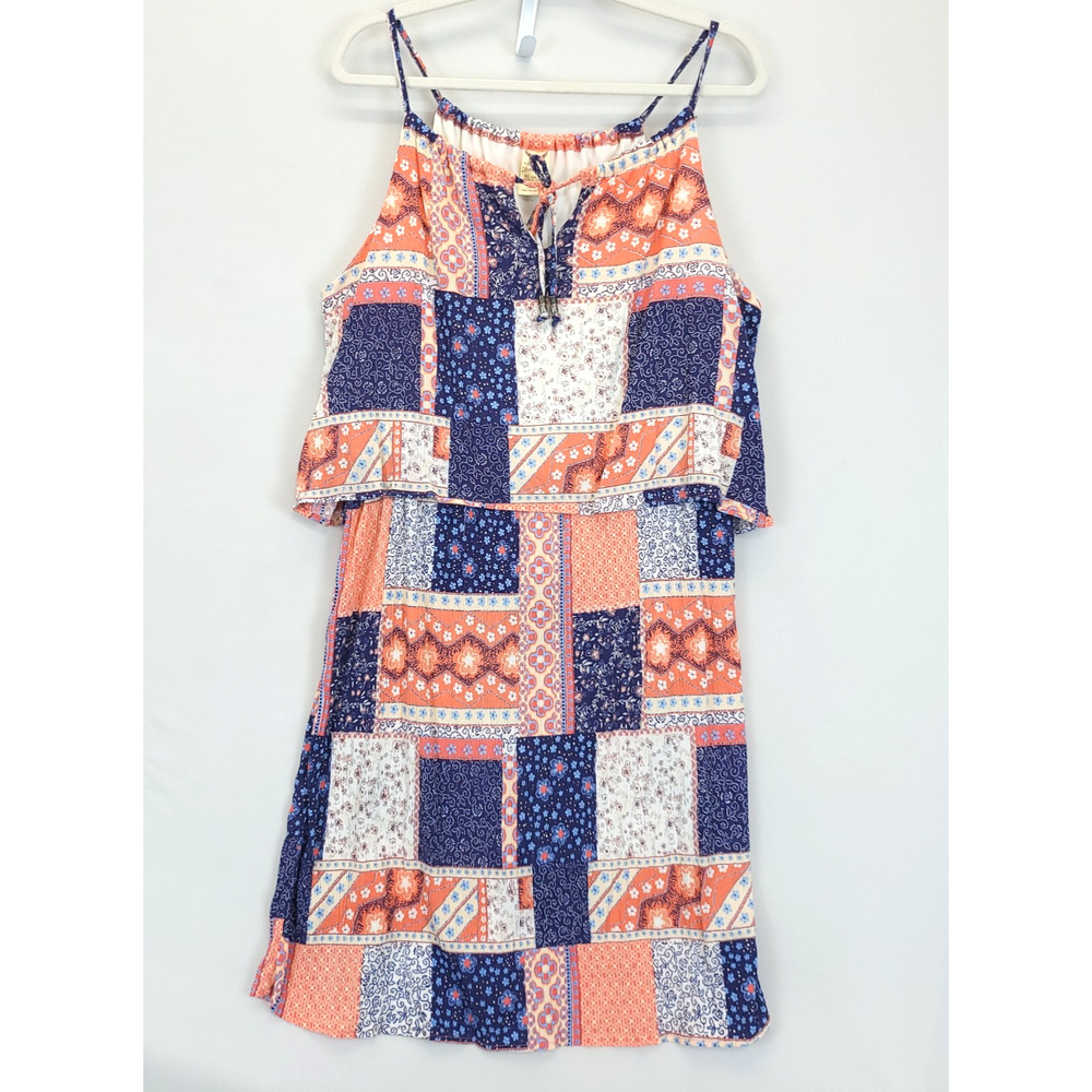 Faded Glory Strap Layer Dress Patchwork Pattern Knee Length Women XL Multicolor